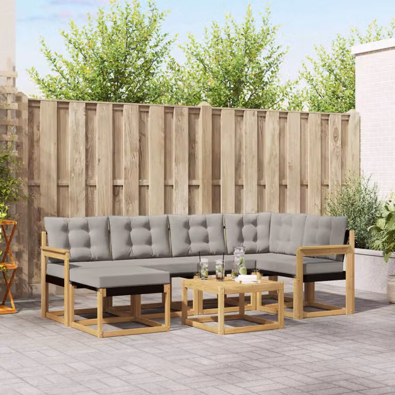 Set di divani da esterno vidaXL 7 pz in legno di acacia con cuscini, colore bianco, grigio e marrone