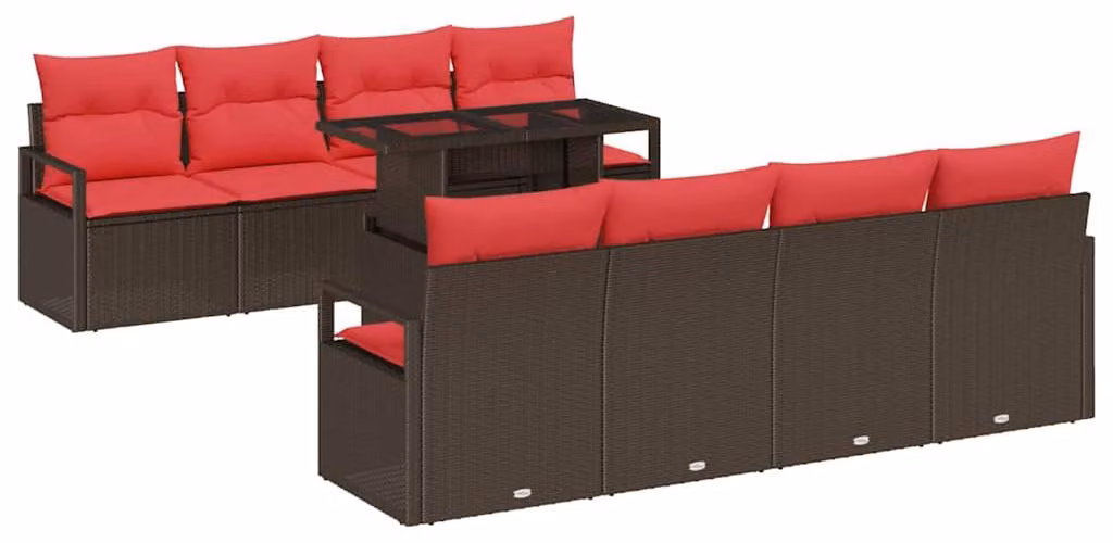Set di divani da giardino, 9 pezzi, color marrone, in rattan sintetico