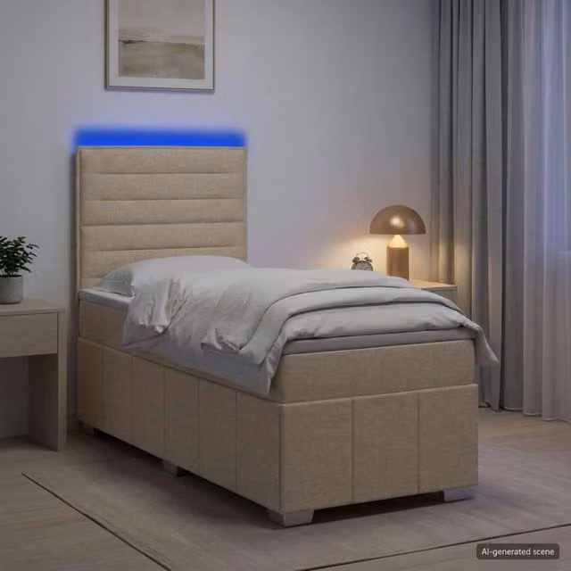 Letto Box Spring vidaXL con Materasso a Molle Pocket e Illuminazione LED, Colore Beige e Bianco, L/P: 90 x 200 cm