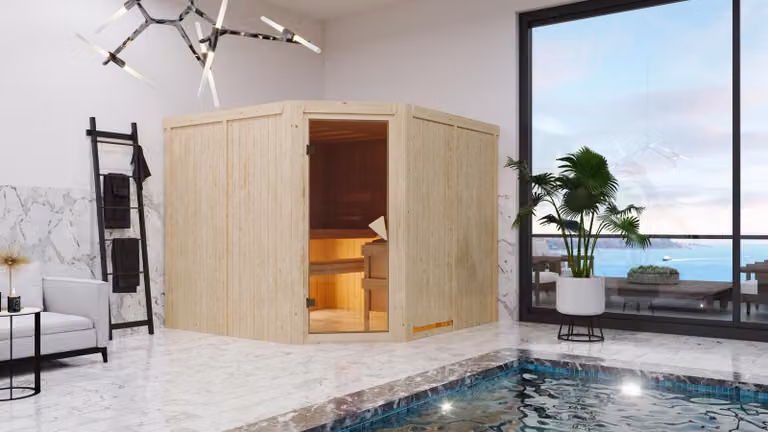 Karibu sauna cabina interna Malin sauna interna 3 panche in legno, cabina sauna con spessore parete 68 mm, sauna a vapore con materiale di montaggio