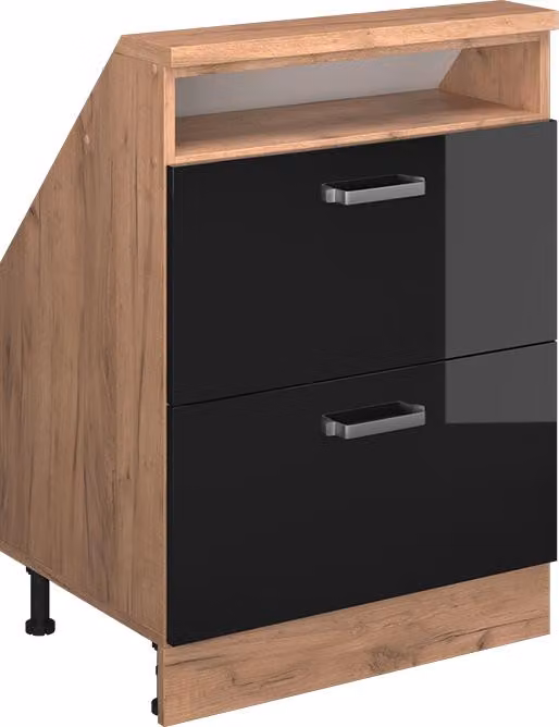 Mobile cucina sottotetto Vicco R-Line Nero lucido 60 cm con 2 cassetti, Model 58231