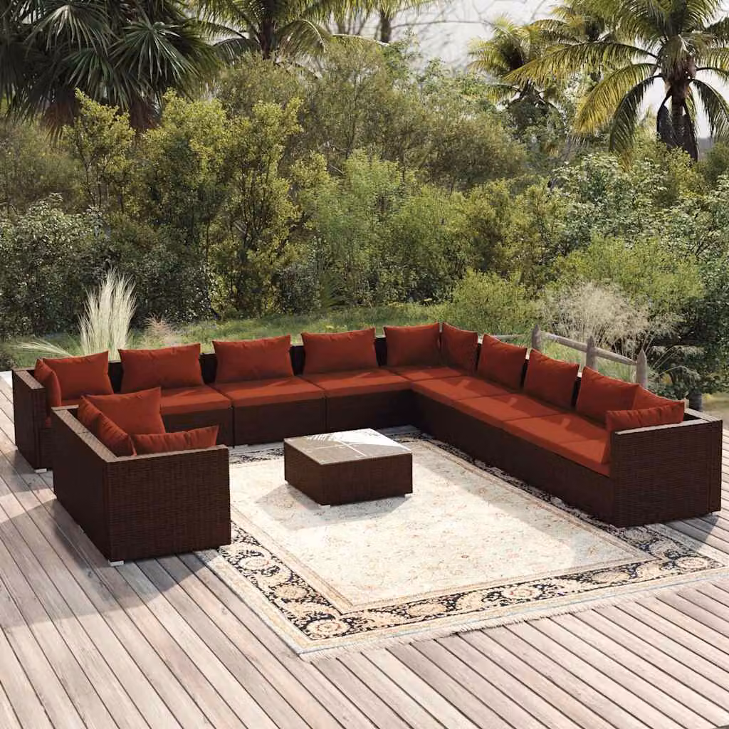 Set Divani da Giardino vidaXL 12 Pezzi a Forma di U con Cuscini e Tavolino, Polyrattan Marrone e Rosso con Struttura in Acciaio Verniciato a Polvere