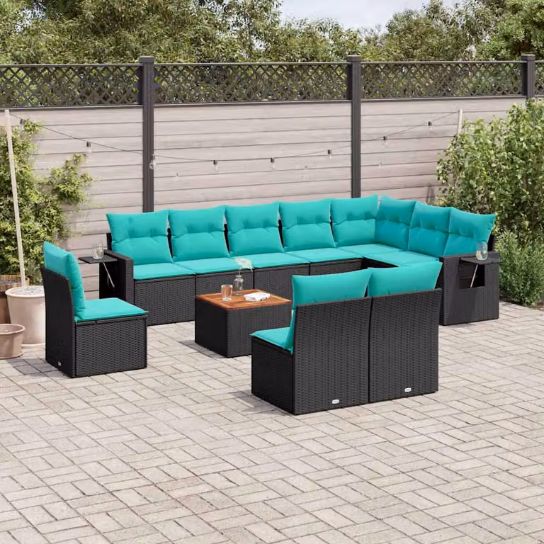 Set Divani da Giardino vidaXL 11 pz in Polyrattan con Cuscini e Tavolino, Design Moderno a U, Colore Nero, Blu e Turchese