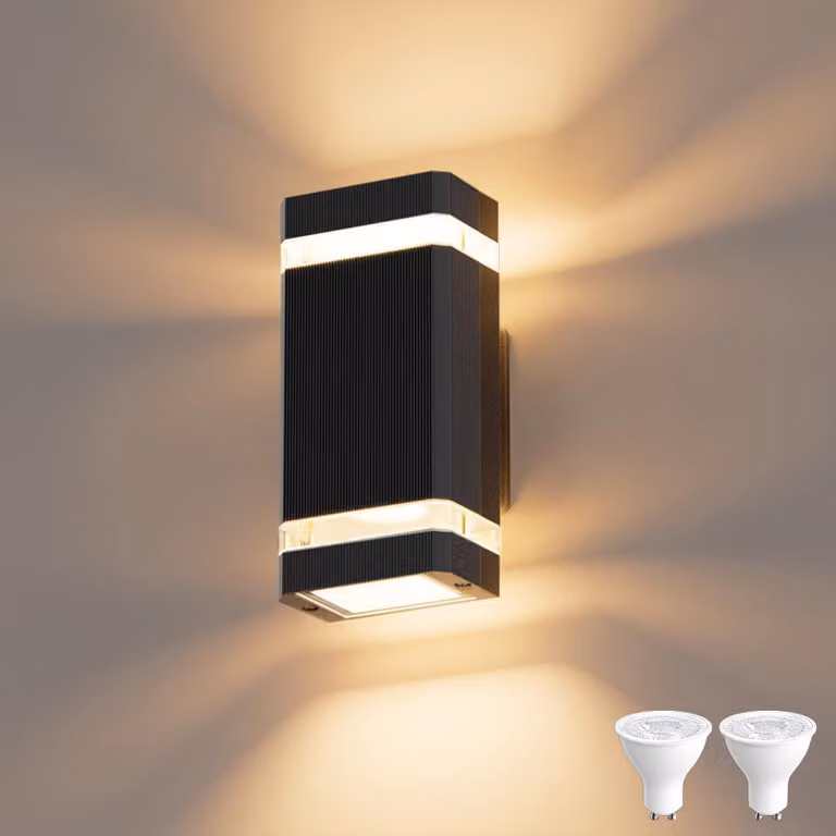 Lampada da parete esterna, attacco GU10, 3000K, colore nero, grado di protezione IP65, realizzata in alluminio