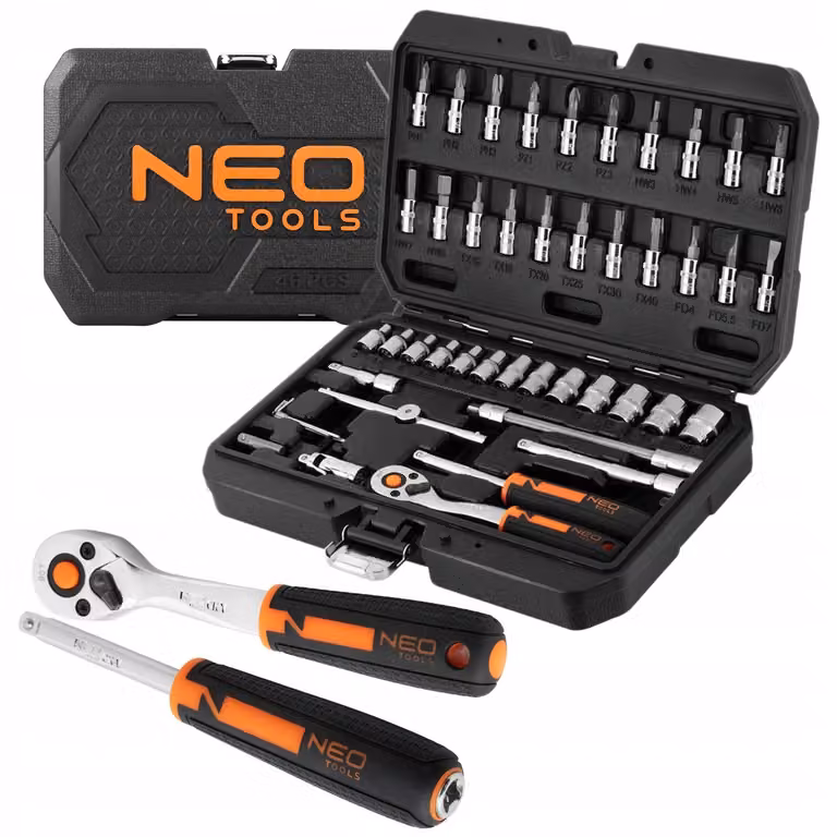NEO TOOLS set di chiavi a bussola con cricchetti 46 pezzi in acciaio CrV da 1/4" - cricchetti con 90 denti - set di punte per riparazioni domestiche e fai da te