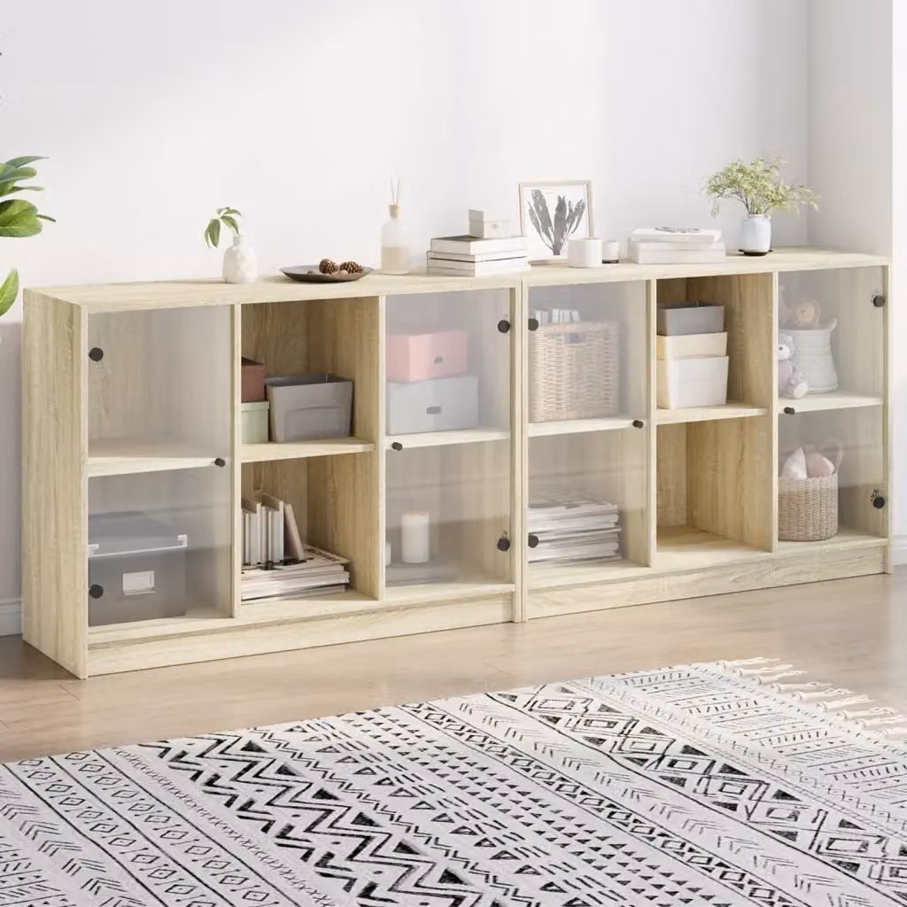 Libreria moderna vidaXL con ante in vetro e finitura rovere, colore beige e marrone, L: 204 cm, P: 37 cm, H: 75 cm