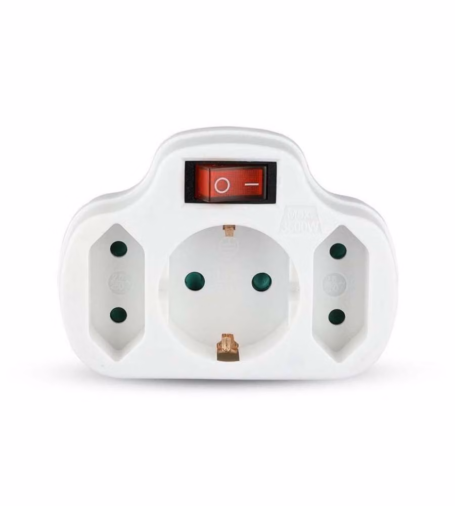 Adattatore Multipresa con 2 Prese Frontali 2,5A Presa Shuko e Interruttore Luminoso Spina Shuko Colore Bianco