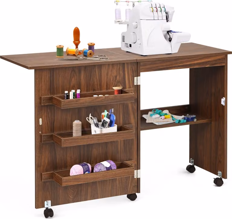 Tavolo da cucito pieghevole, mobile da cucito su rotelle, tavolo per macchina da cucire in legno, tavolo multiuso per soggiorno, studio, camera da letto (marrone)