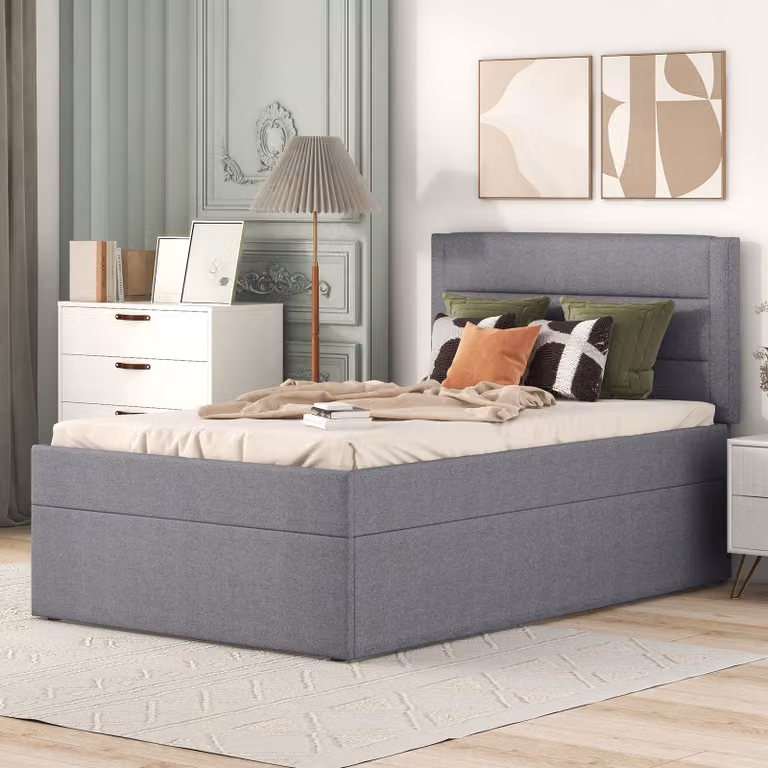 Letto imbottito okwish, letto singolo con struttura in metallo, rete a doghe, ampio vano contenitore, grigio, 200x90 cm.