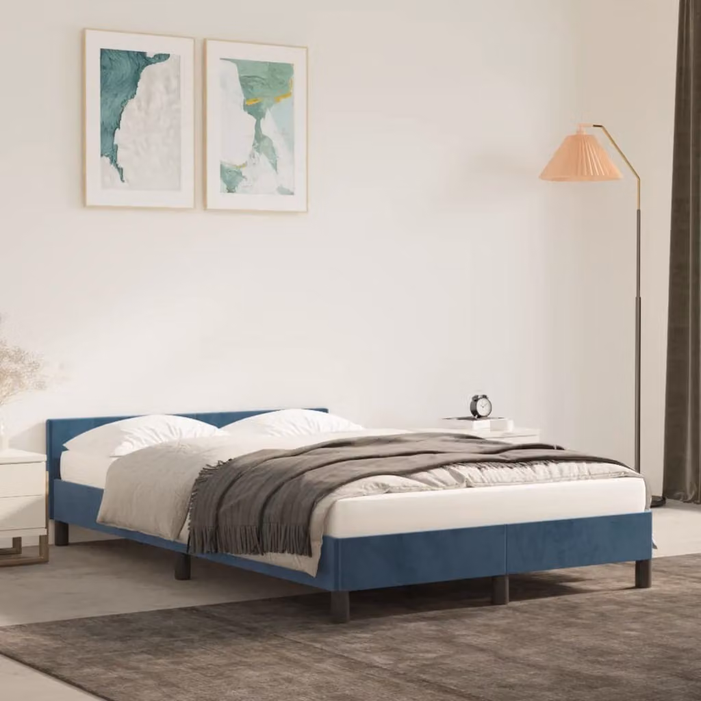 The Living Store Struttura letto con testiera in velluto blu scuro 120x200 cm
