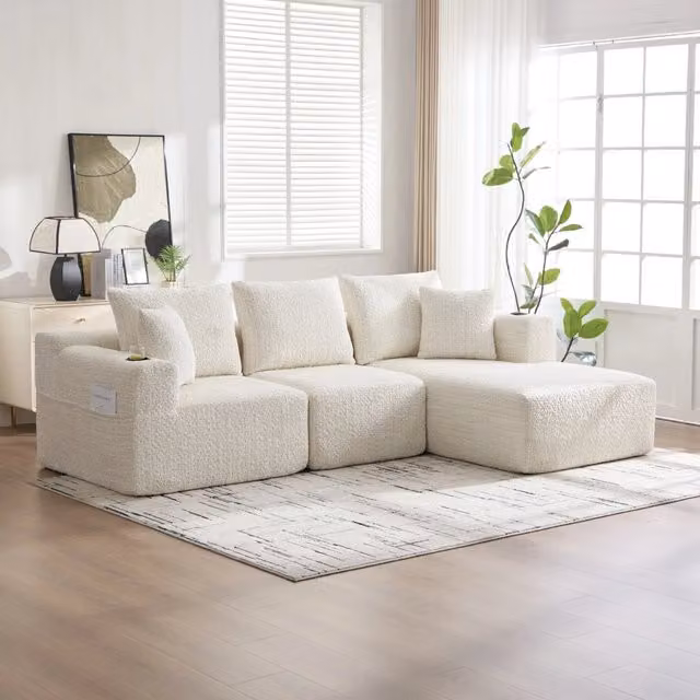 Divano modulare 261.0x165.0x80.0 cm con tasche laterali in ciniglia beige