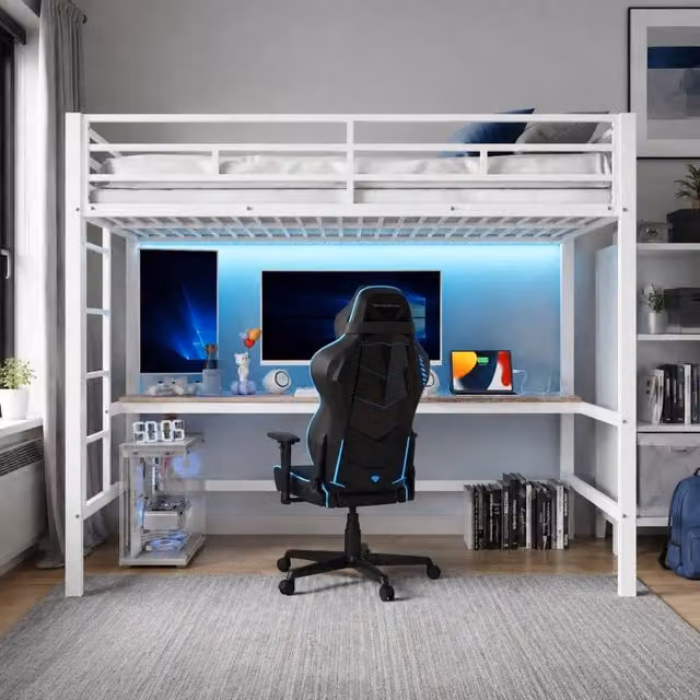 Letto a castello 90x200 cm bianco in metallo con protezioni, scaletta, scrivania con porte USB e presa, striscia luminosa a LED controllabile via app