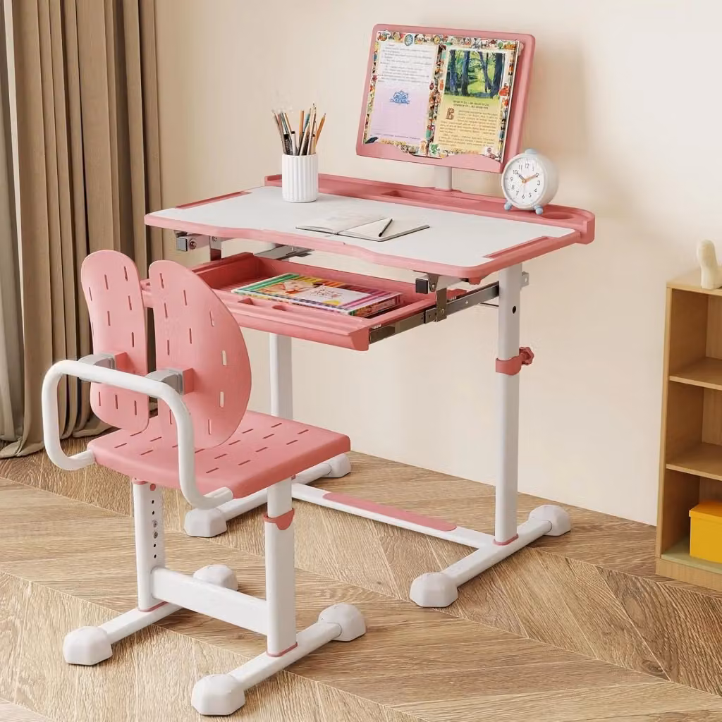 Set di Scrivania e Sedia Ergonomica per Bambini Costway, Scrivania Regolabile in Altezza con Piano Inclinabile e Sedia per Disegno, Rosa – 2