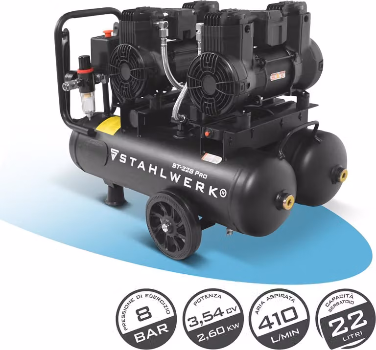 Compressore STAHLWERK con serbatoio da 22 L (ST-228 Pro) - compressore d'aria senza olio, 8 bar, motori brushless, 3,54 CV, 2,6 kW, 410 l/min, compressore silenzioso