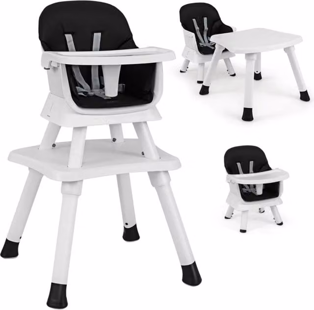 Seggiolone 6 in 1 per bambini con cuscino e vassoio rimovibile in polipropilene, nero e bianco, L/P/H: 58 x 58 x 98 cm