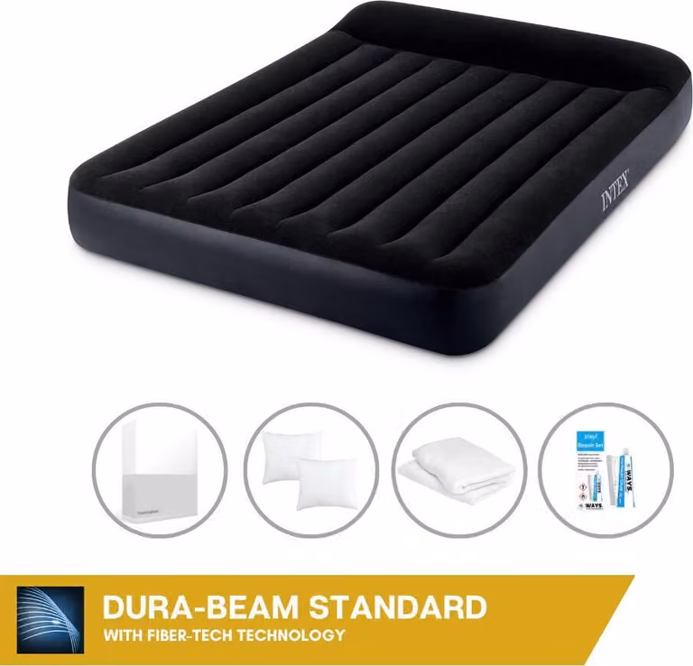 Letto ad aria Intex - 2 persone - 152 x 203 x 25 cm - Nero - Con pompa incorporata + lenzuola bianche + cuscino + federe Molton 2 in 1 + set di riparazione