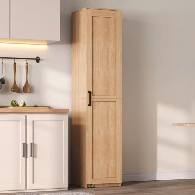 Armadio alto con ripiani regolabili e vani sulla porta in MDF naturale per cucina e bagno 40 × 40 × 183 cm