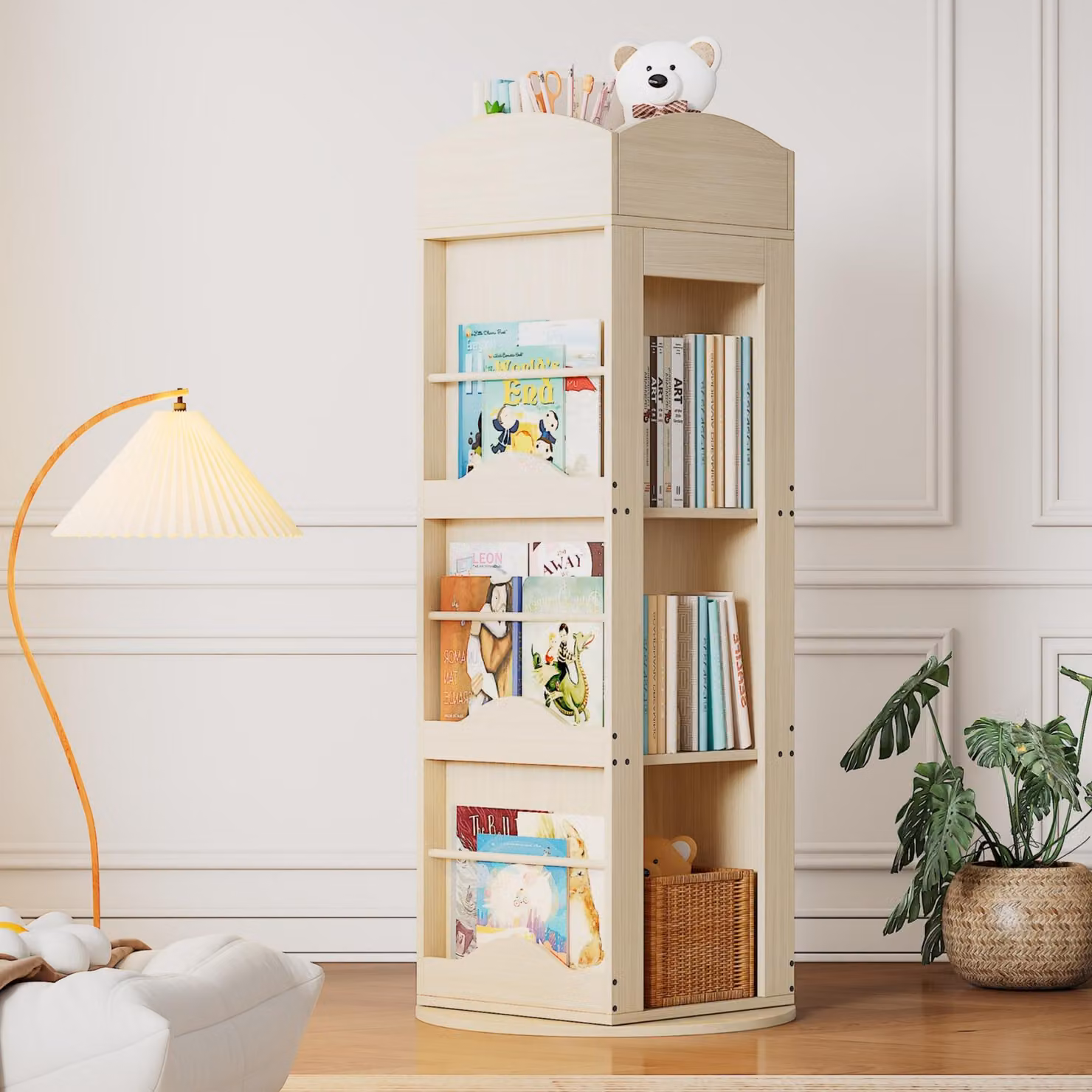 MODFU, libreria multifunzionale, scaffale a colonna girevole a 360°, libreria autoportante con più ripiani, dimensioni 142x63x63 cm, finitura naturale