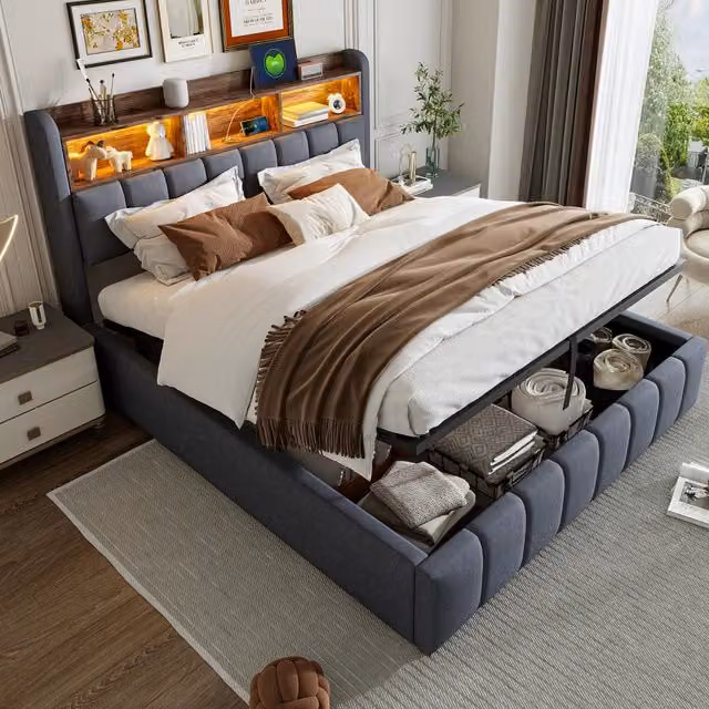 Letto contenitore matrimoniale OKWISH in tessuto grigio con illuminazione LED, porte USB e Type-C, L/P: 180 x 200 cm