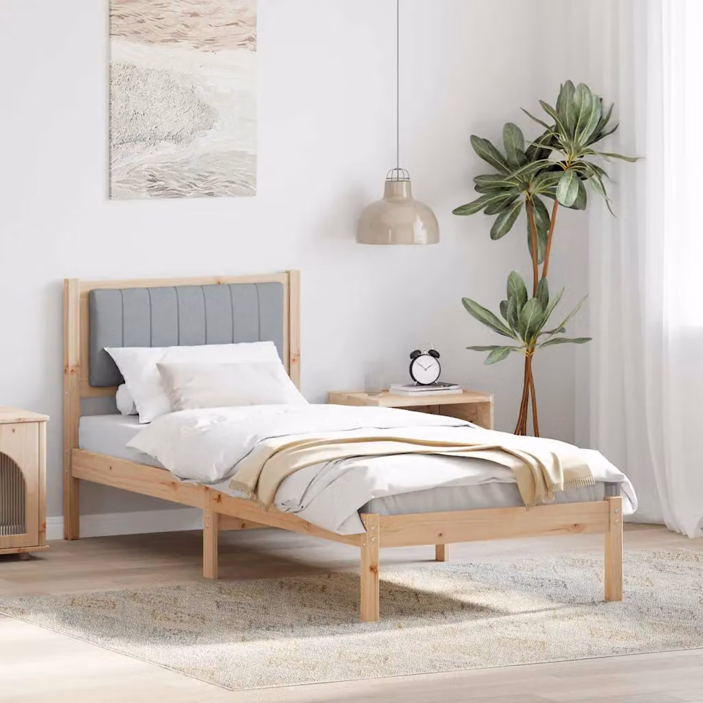 Letto con testiera rivestita vidaXL in legno di pino e tessuto, Grigio chiaro e Marrone, L 80 x P 190 cm