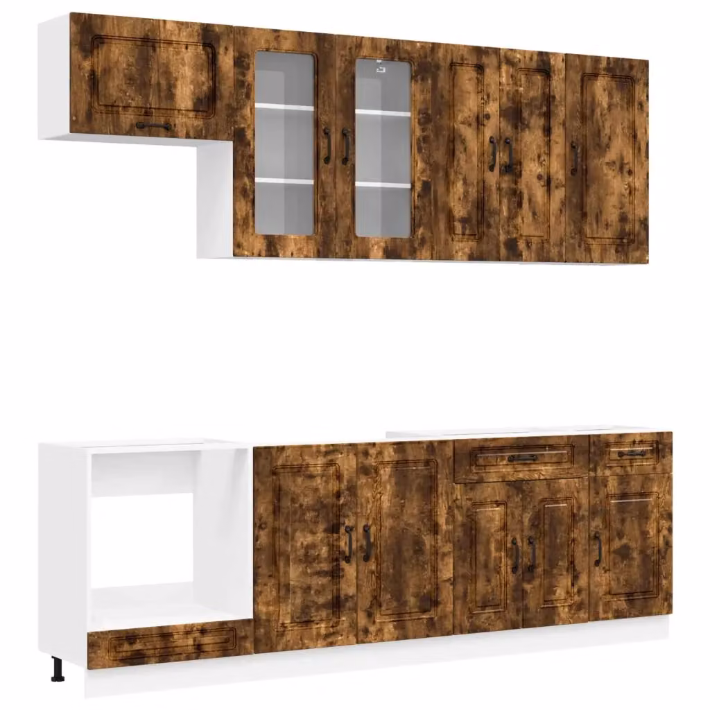 Unità Cucina Moderna KALMAR vidaXL in Rovere Fumo, 8 Pezzi con Ante in Vetro e Ripiani Aperti, Marrone – 2