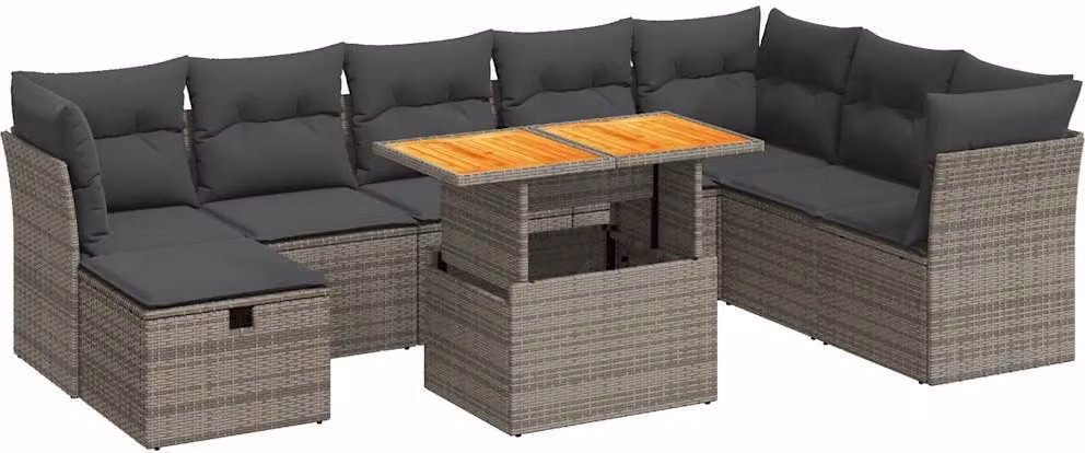 Set Divano da Giardino 9pz con Cuscini Grigio Polyrattan Acacia