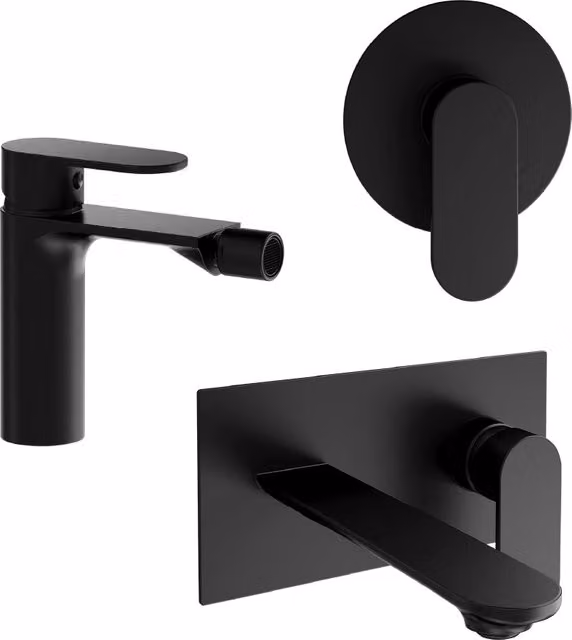 Set di miscelatori Parama: lavabo ad incasso, bidet senza scarico e doccia monocomando in ottone nero opaco | Kerry