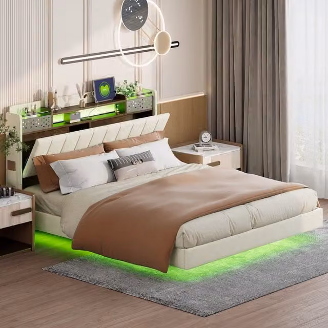 Letto matrimoniale imbottito 160 × 200 cm con LED USB testiera contenitore in tessuto di lino beige