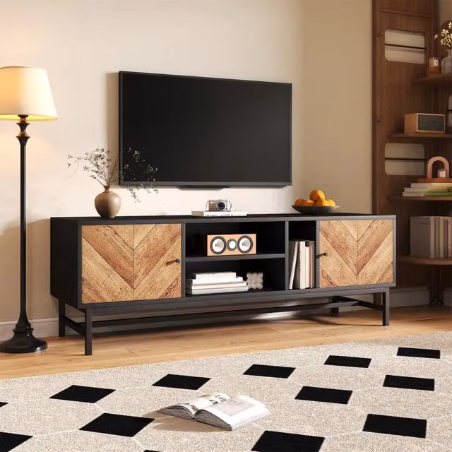 Mobile TV MINIMAL moderno in nero e legno con ante e ripiani L: 150 cm, P: 38 cm, H: 55 cm – 1
