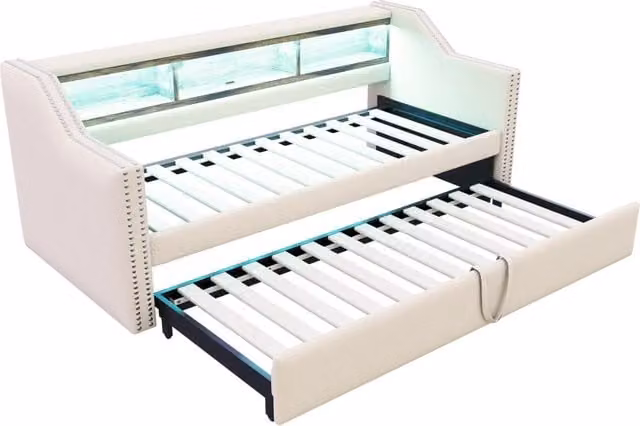 Poltrona Letto Estraibile 90/180 x 190 cm con Contenitore, LED e Porta USB, Tela Beige con Rete a Doghe
