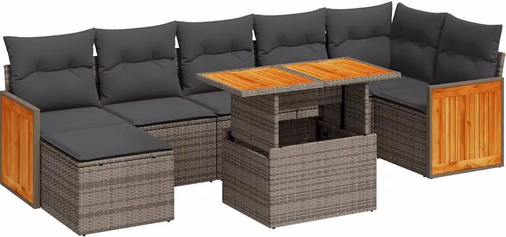 Set Divano da Giardino 8pz con Cuscini Grigio Polyrattan Acacia