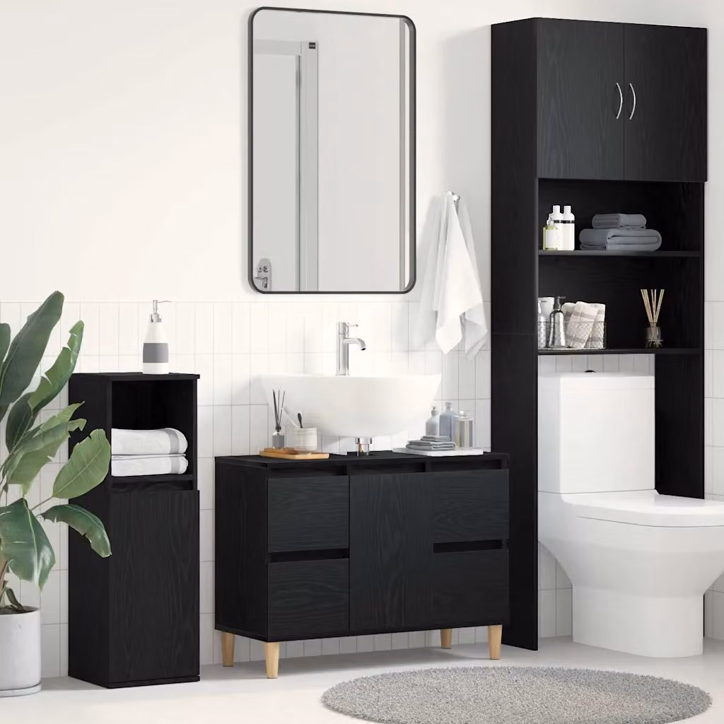 Armadio per lavabo da bagno moderno vidaXL in legno nero e rovere con ante a battente e ripiani interni, L: 80 cm, P: 33 cm, H: 60 cm