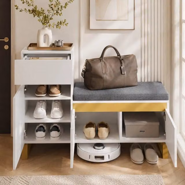 Scarpiera ULEVR 120x35x85 cm con panca imbottita, cassetto, ante e vano aperto, bianco lucido parziale