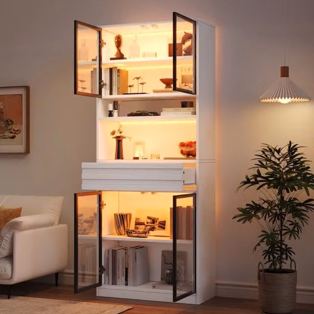 Set 2 Vetrine Soggiorno Bianca in MDF con 8 Ante in Vetro; 2 Cassetti e Illuminazione LED App; 160x35x200 cm