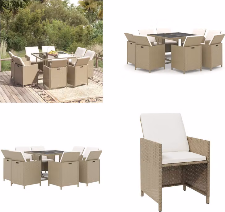 vidaXL Set da pranzo da giardino 9 pezzi con cuscini in poly rattan beige - Set da pranzo da giardino - Set da pranzo in poly rattan - Set da pranzo da esterno