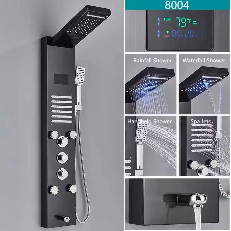 Sistema doccia a cascata Regendusche - Pannello doccia LED 8004 - Acciaio inossidabile 304 - Ugelli girevoli per massaggio corporeo - Display digitale della temperatura - Miscelatore per vasca - Nero