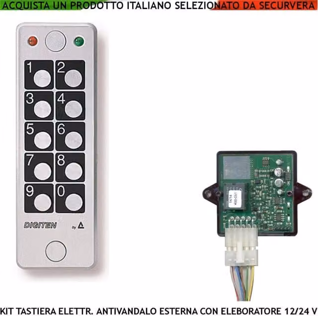 Tastiera Elettronica Digitale Antivandalo Securvera Colore Argento con Elaboratore Remoto, IP67, Gestione 60 Utenti, Alimentazione 12/24 V, 2 LED, 60 Codici da 8 Cifre, Uscita Relè 10A Antimonossimione, in Alluminio