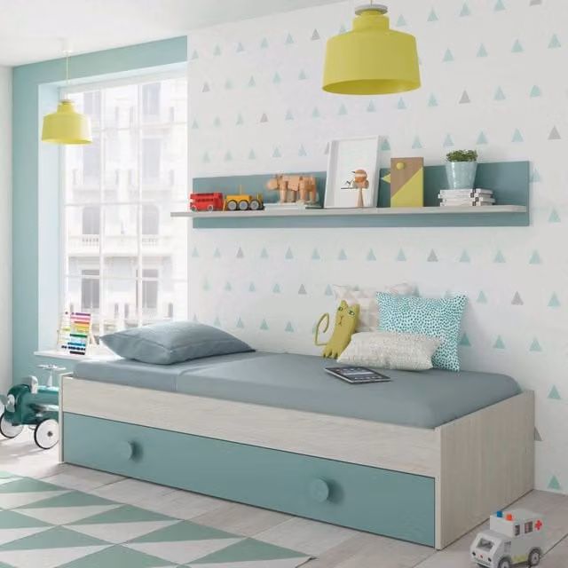 Letto singolo Aqua DMORA per camerata con cassettone e mensola, Bianco e Verde acqua, L: 199 cm, P: 90 cm, H: 65 cm