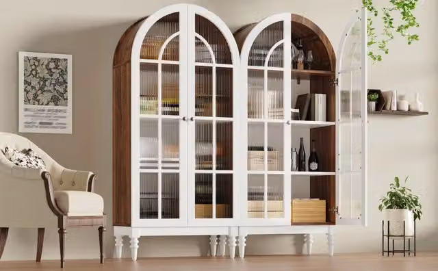 Desviae Vetrina ad arco con ante doppie in vetro scanalato tre ripiani MDF bianco per soggiorno 76 × 38,5 × 165 cm