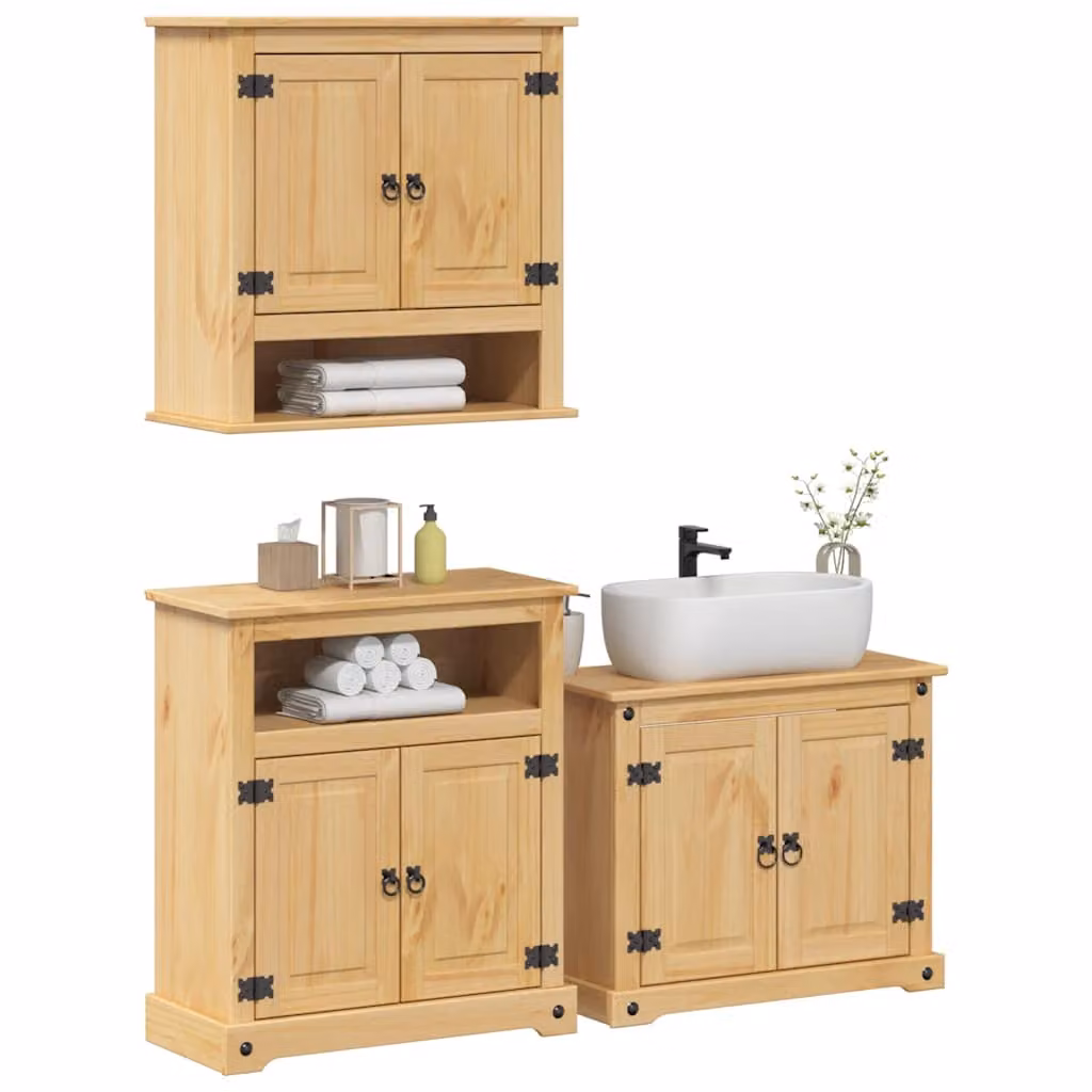 Set di mobili da bagno vidaXL Corona in 3 pezzi in legno di pino massello color marrone e beige con finitura cerata rustica