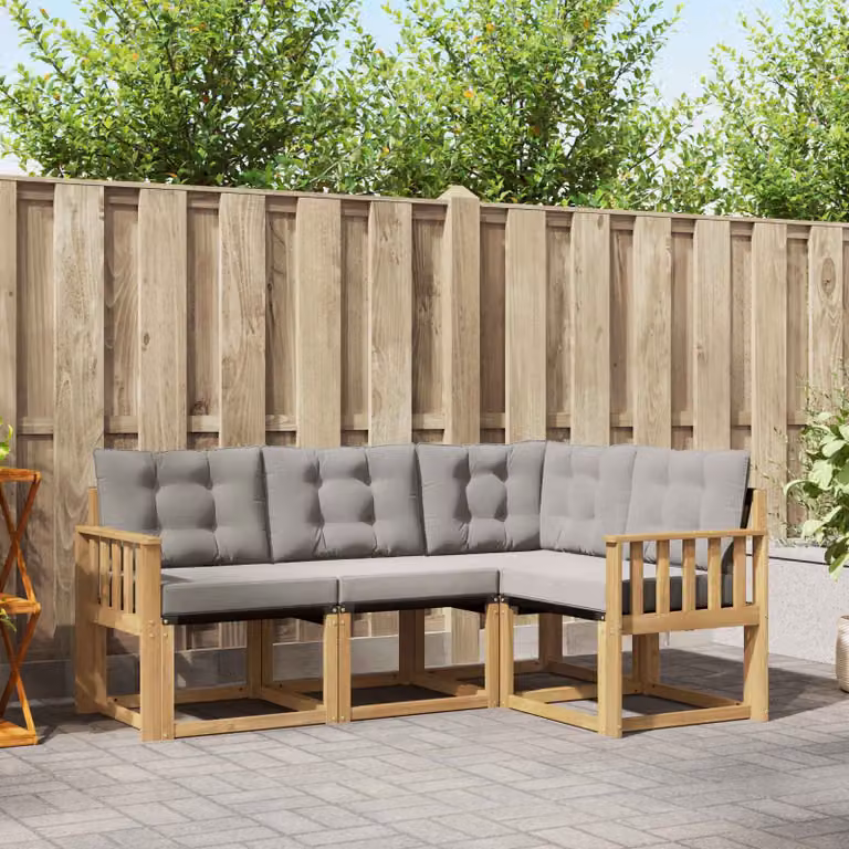 Set di divani da esterno vidaXL a forma di L in legno di acacia con sedute in textilene, Bianco e Grigio