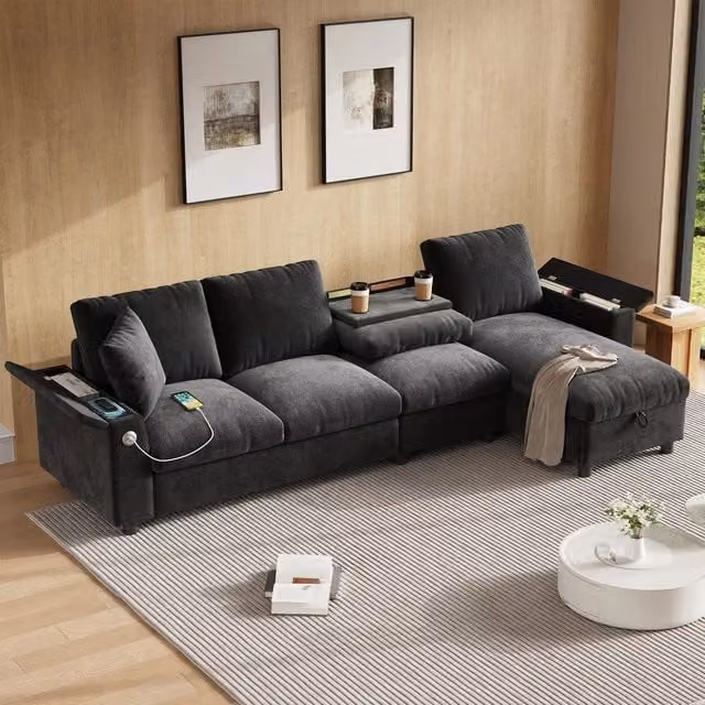 Divano angolare estraibile con contenitore ¨C Minimal ¨C grigio tessuto con braccioli, portaoggetti e porte USB