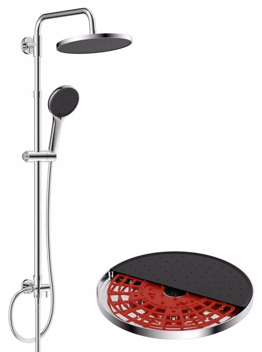 Sistema doccia con funzione di autopulizia, soffione rotondo da 25 cm, tubo in acciaio inossidabile, doccetta manuale, finitura cromata