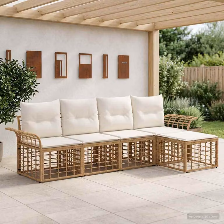 vidaXL Set di divani da esterno 5 pz a forma di L con cuscini, colore beige e bianco crema, struttura in metallo e rattan