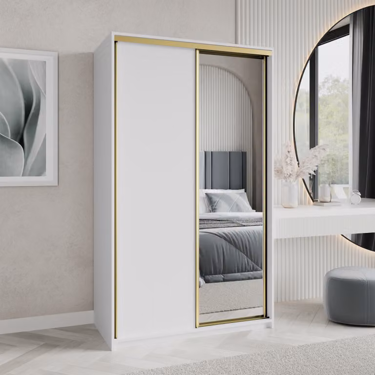 Armadio scorrevole Masseno TAVI 120/205/60 cm Armadio con cassetti Armadio per camera da letto a 2 ante con specchio Bianco + Oro