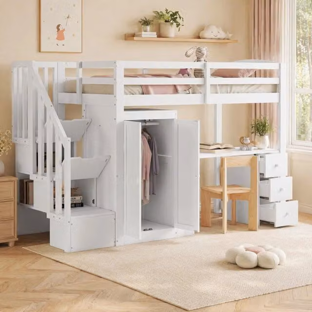 Letto a soppalco 90x200 cm con armadio; scrivania e scala contenitore in legno di pino e MDF bianco