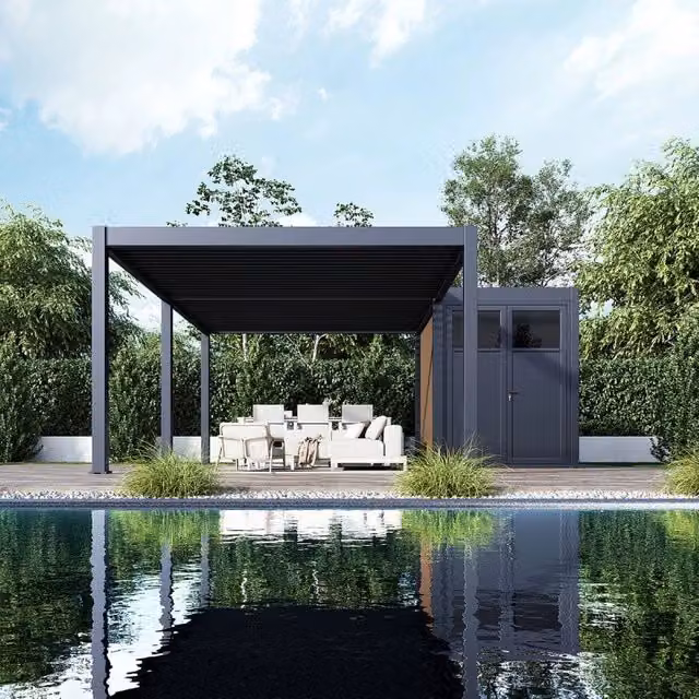 Pool house angolare Ombrea da 30 m2 in alluminio e legno colore antracite
