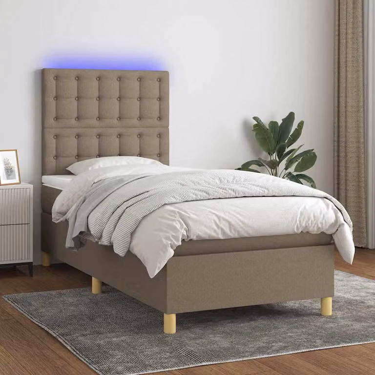 vidaXL Letto a Molle Ibrido con Materasso, Illuminazione LED e Porta USB, Tessuto Tortora, L 80 x P 200 cm