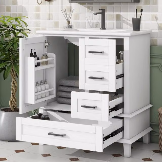 Mobile lavabo da bagno freestanding WISHDOR bianco con lavabo in ceramica, ante e cassetti, L: 76 cm, P: 46 cm, H: 83,5 cm – 1