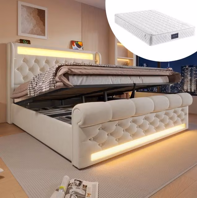 Letto matrimoniale ULEVR 140x200 cm con contenitore idraulico, LED, USB e Type-C, velluto beige con materasso